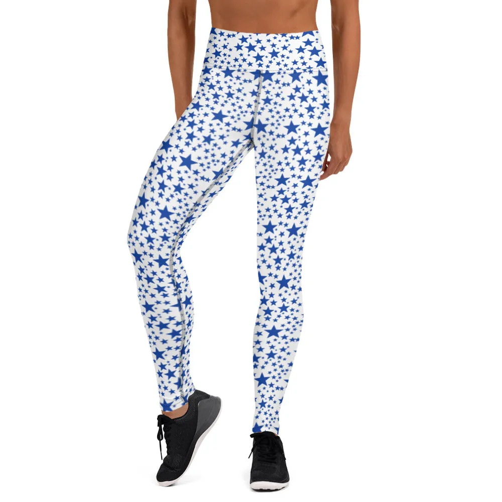 White Blue Starry Yoga Leggings, Fun Star Pattern Women's Gym Sports Tights-Made in USA/EU