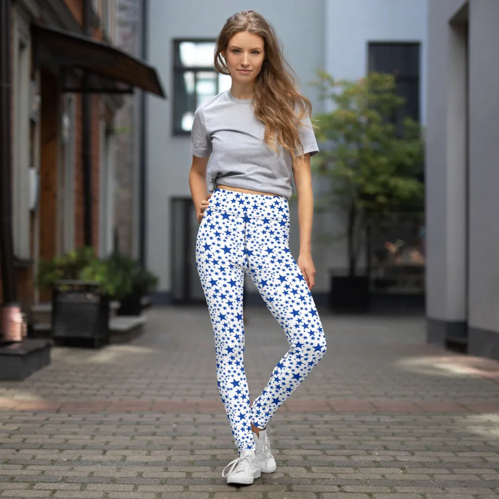 White Blue Starry Yoga Leggings, Fun Star Pattern Women's Gym Sports Tights-Made in USA/EU