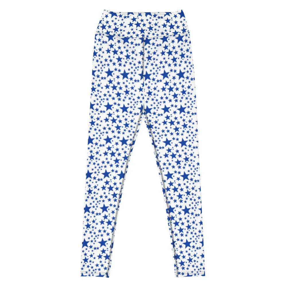 White Blue Starry Yoga Leggings, Fun Star Pattern Women's Gym Sports Tights-Made in USA/EU