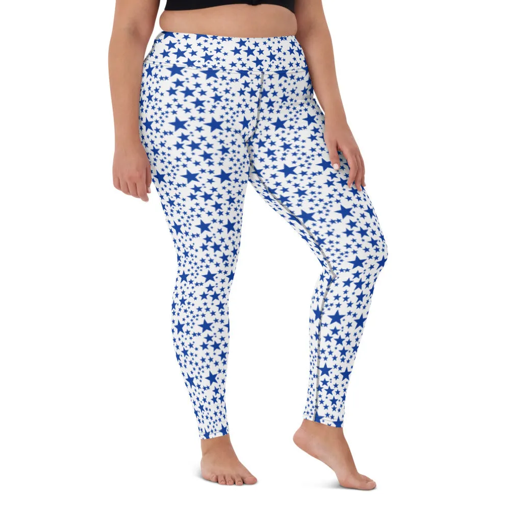 White Blue Starry Yoga Leggings, Fun Star Pattern Women's Gym Sports Tights-Made in USA/EU