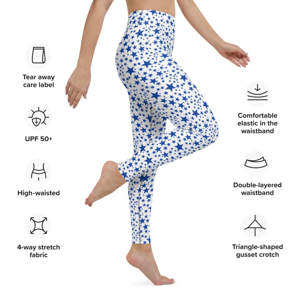 White Blue Starry Yoga Leggings, Fun Star Pattern Women's Gym Sports Tights-Made in USA/EU