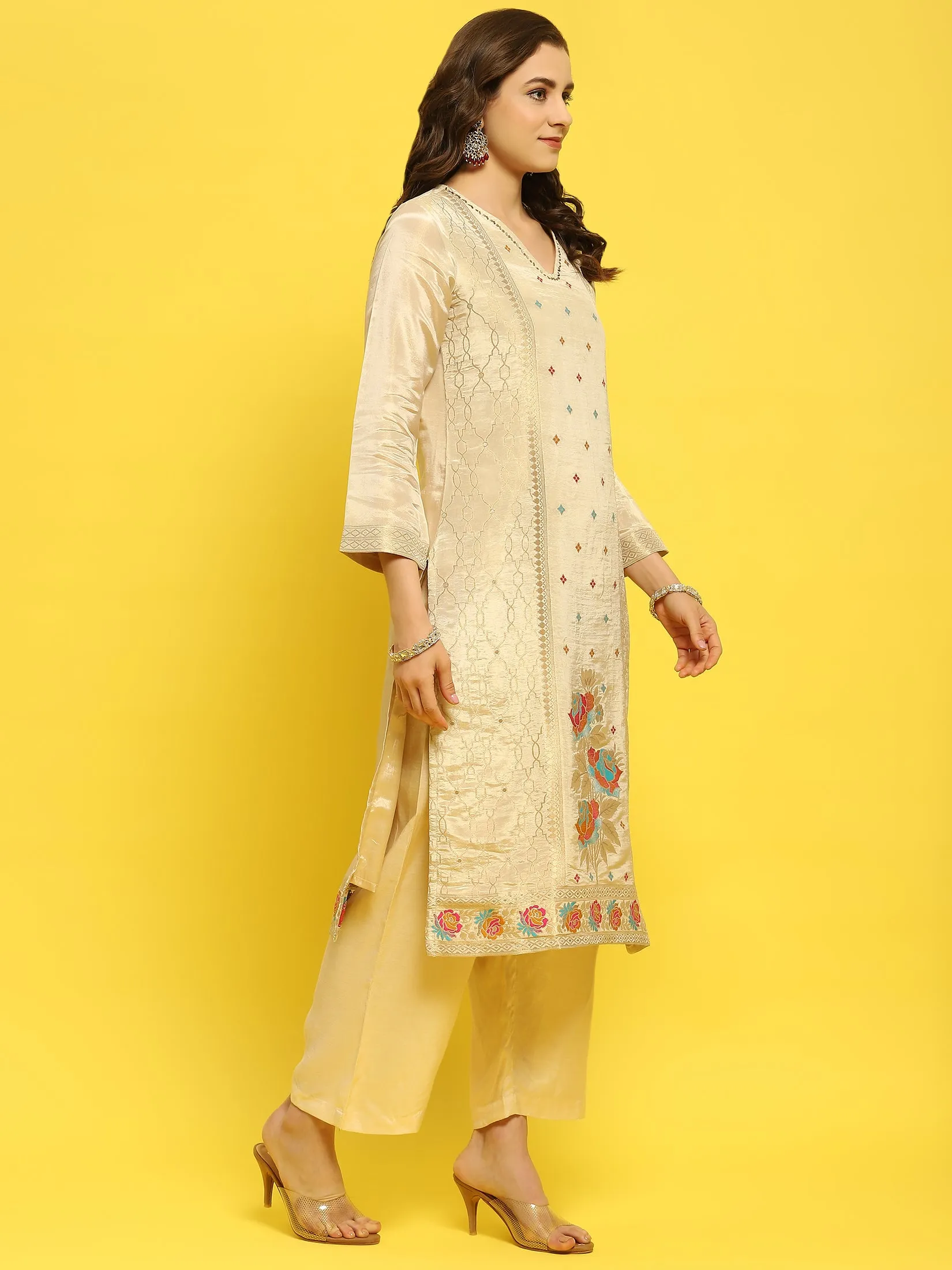 Women Silk Beige Woven Kurta Comfort Pant Dupatta