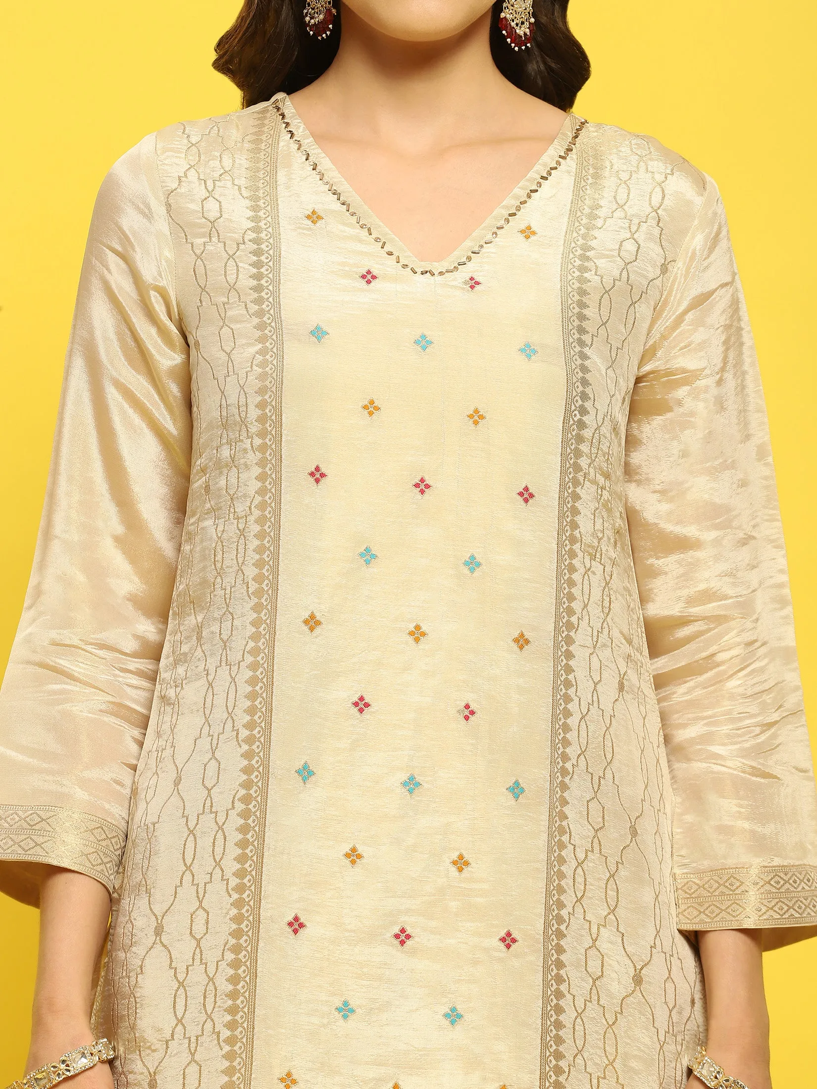 Women Silk Beige Woven Kurta Comfort Pant Dupatta