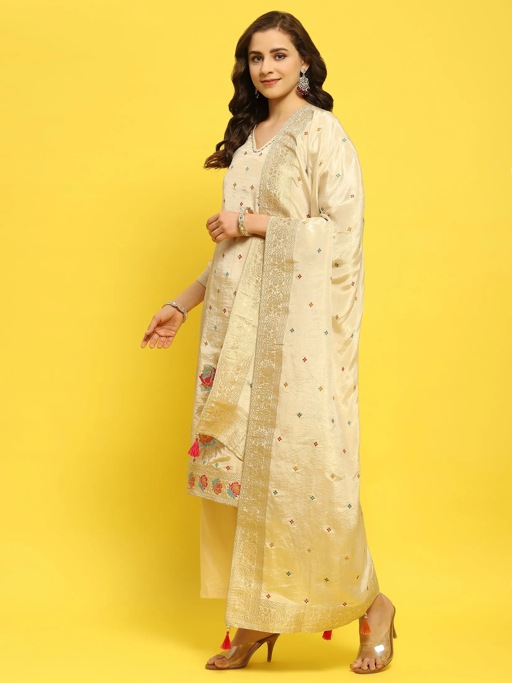 Women Silk Beige Woven Kurta Comfort Pant Dupatta