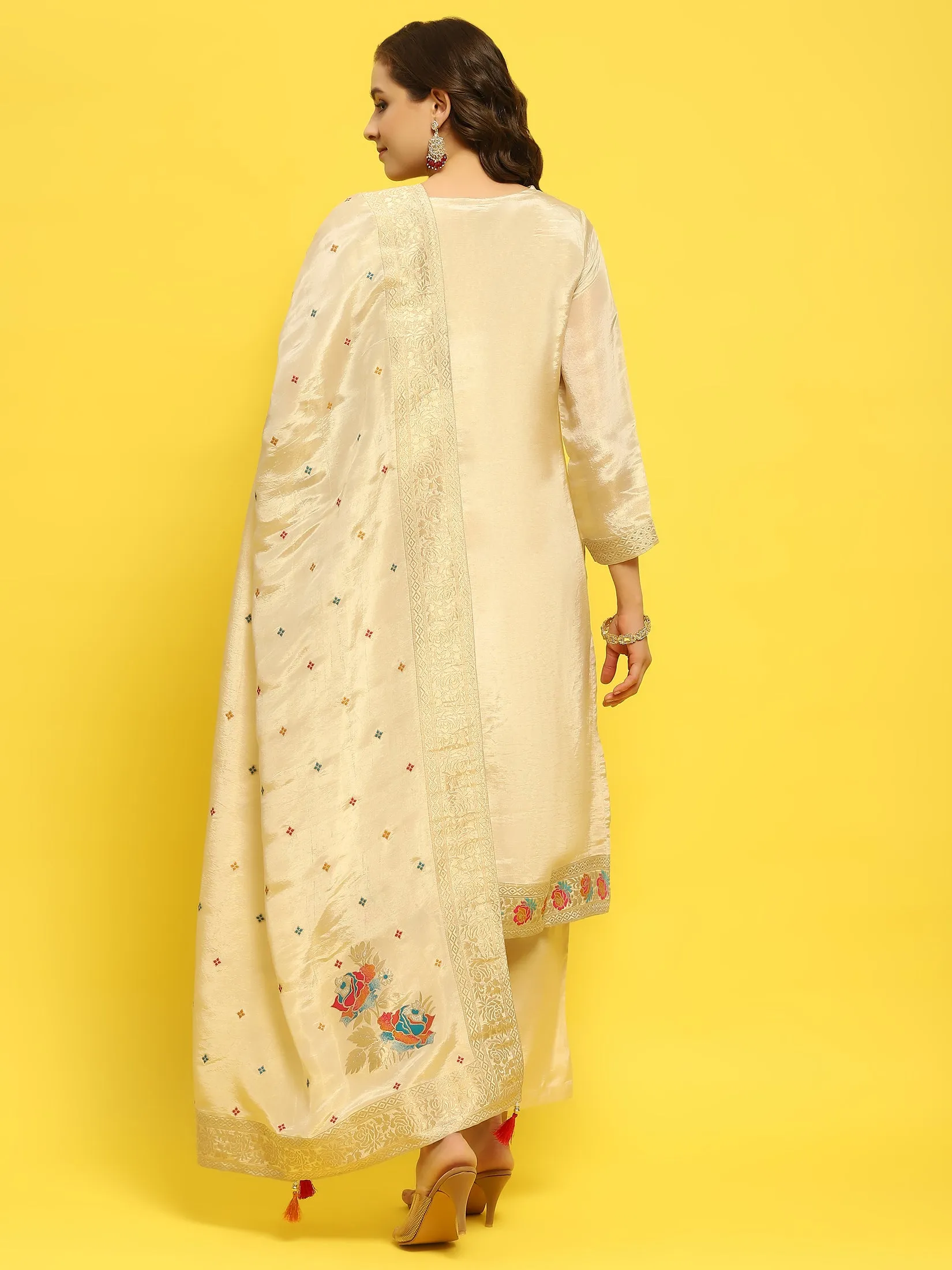 Women Silk Beige Woven Kurta Comfort Pant Dupatta