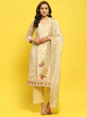 Women Silk Beige Woven Kurta Comfort Pant Dupatta