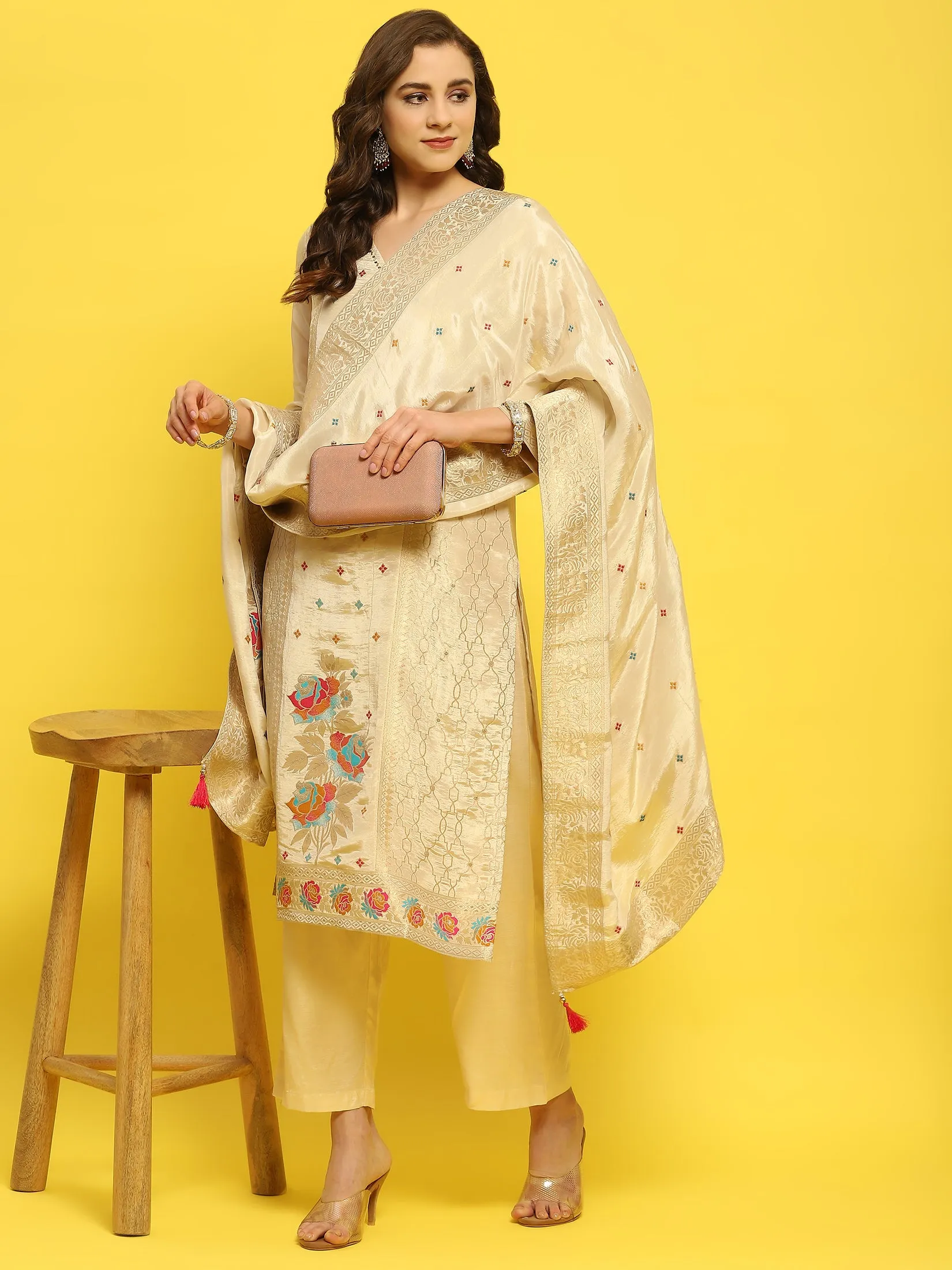 Women Silk Beige Woven Kurta Comfort Pant Dupatta