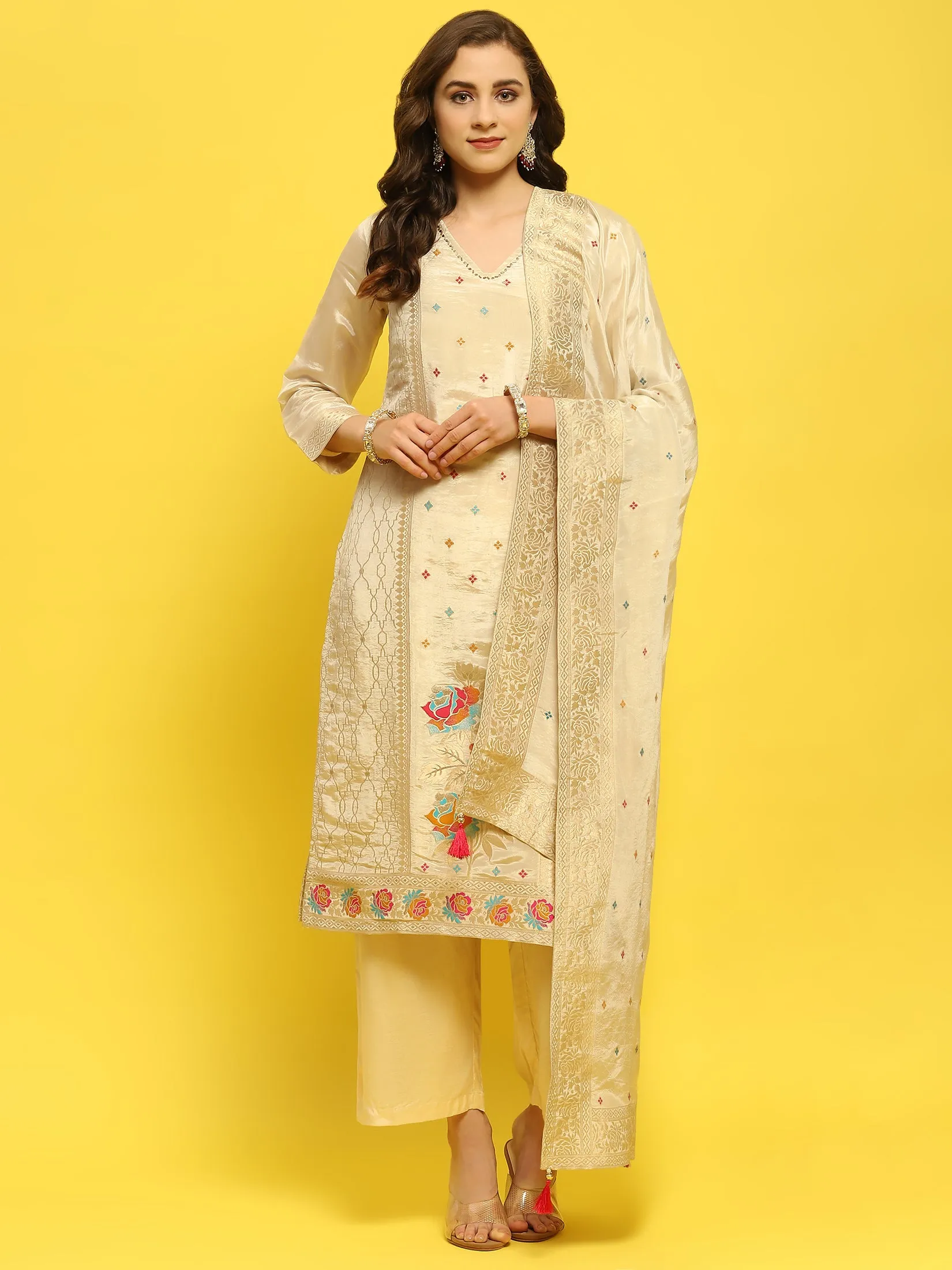 Women Silk Beige Woven Kurta Comfort Pant Dupatta