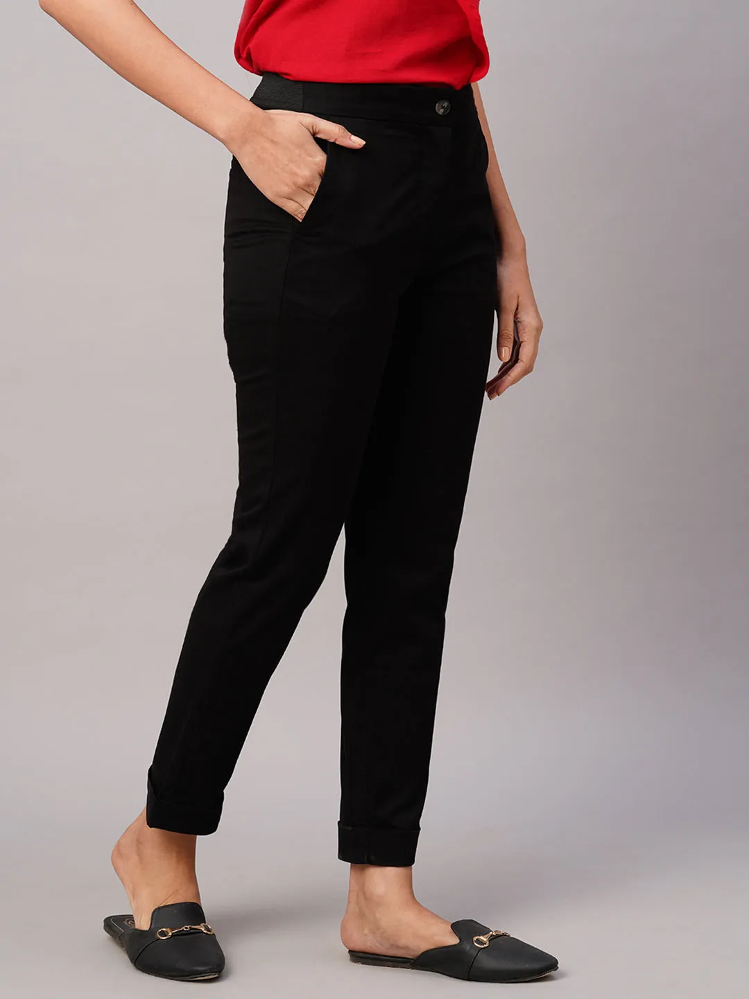 Women's Black Cotton Lycra Slim Fit Pant