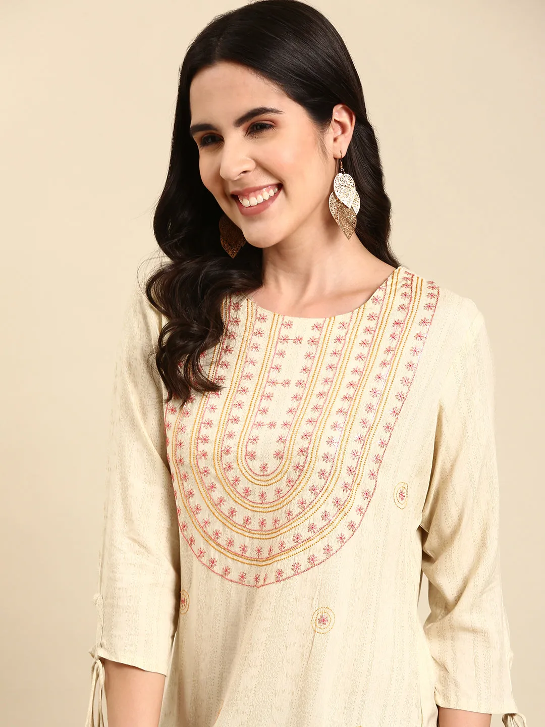 Women's Cream Embroidered Straight Kurta