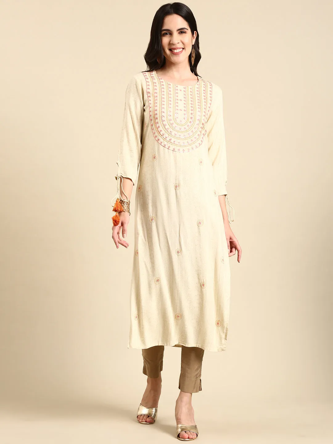 Women's Cream Embroidered Straight Kurta