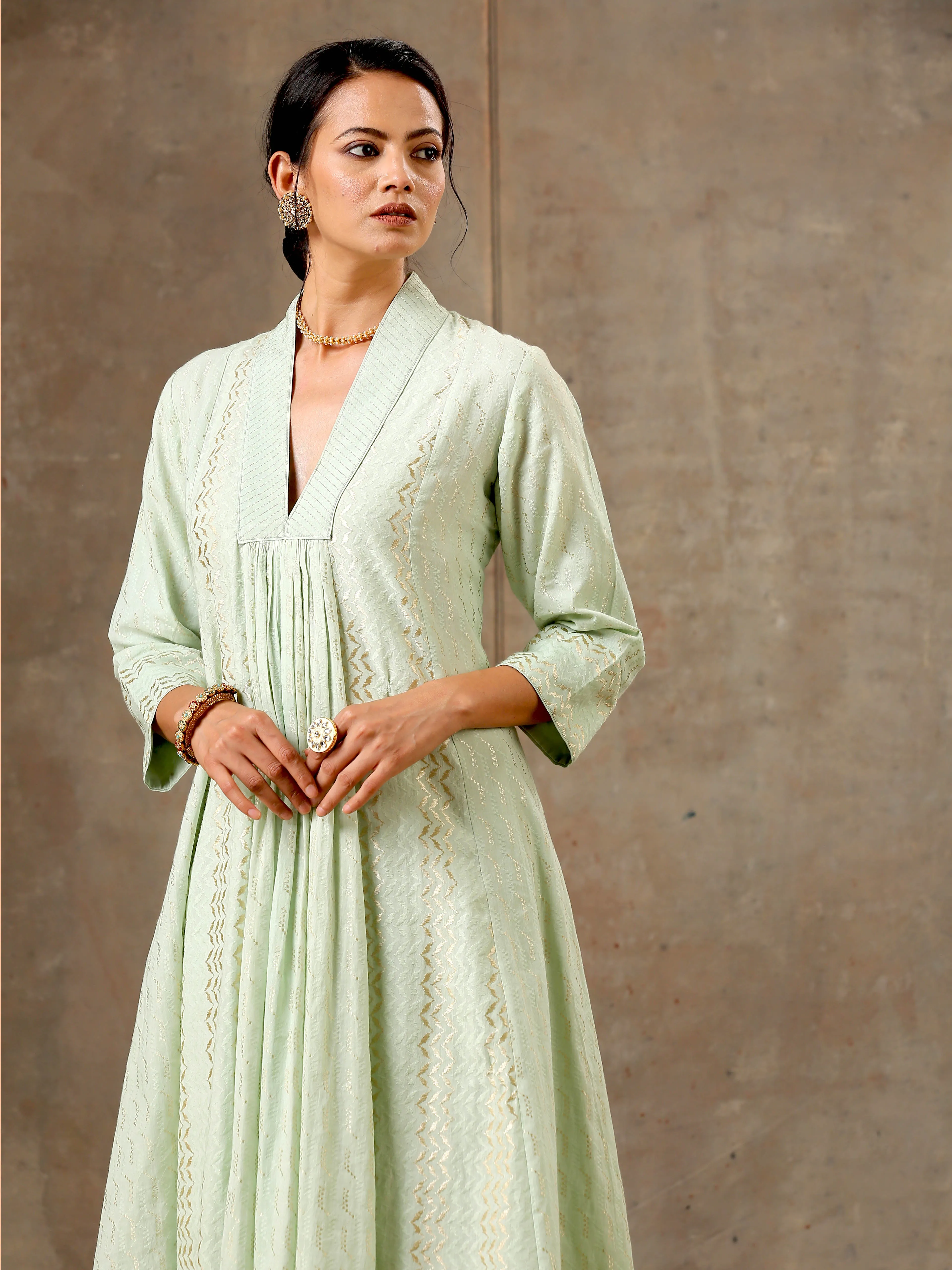 Woven Cotton Ensemble of 3 with Kota Dupatta - Pastel Green