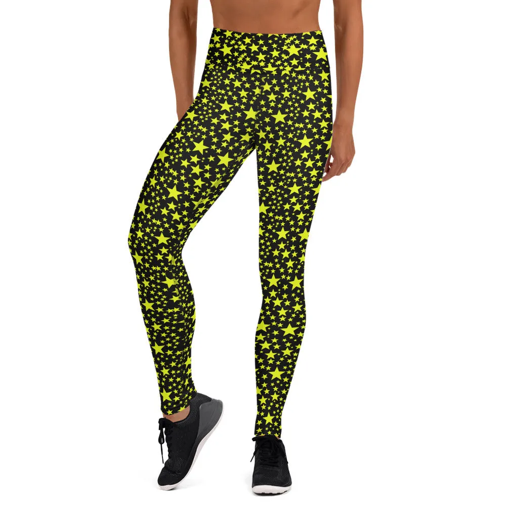 Yellow Star Women's Leggings, Rock Star Pattern Black Gym Yoga Pants- Made in USA/EU