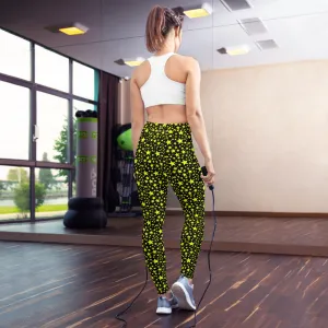 Yellow Star Women's Leggings, Rock Star Pattern Black Gym Yoga Pants- Made in USA/EU