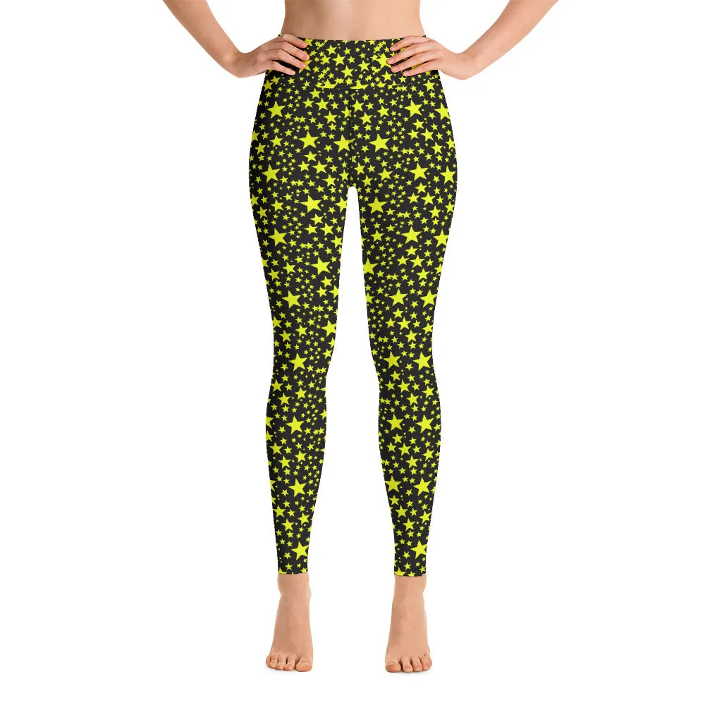 Yellow Star Women's Leggings, Rock Star Pattern Black Gym Yoga Pants- Made in USA/EU